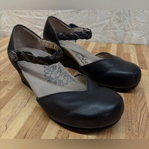 Aetrex Mia Black Leather Mary Jane Wedge Round Toe Arch Support Shoes Sz 9/9.5
